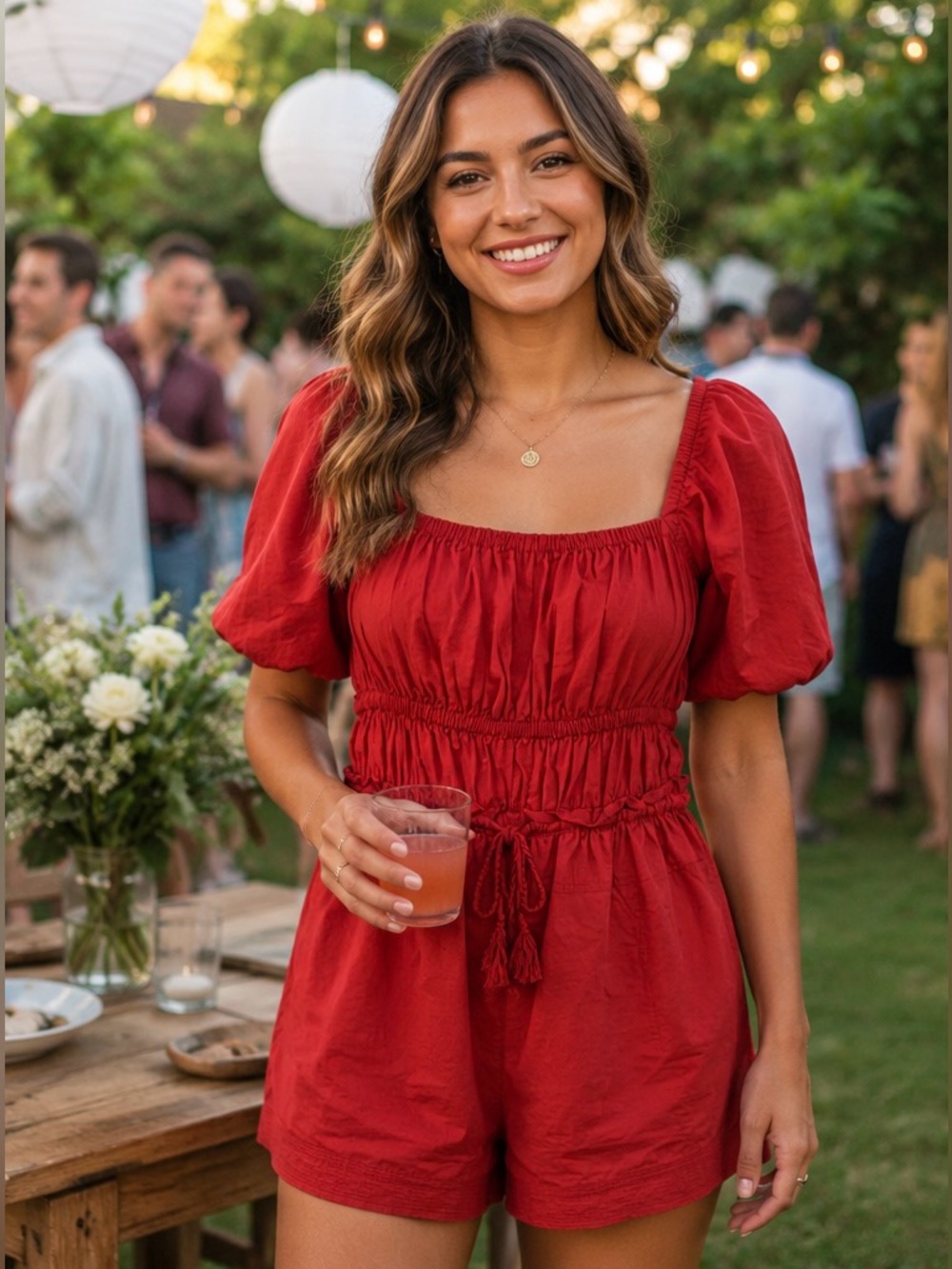 Ulla Johnson Red Puff-Sleeve Smocked Romper